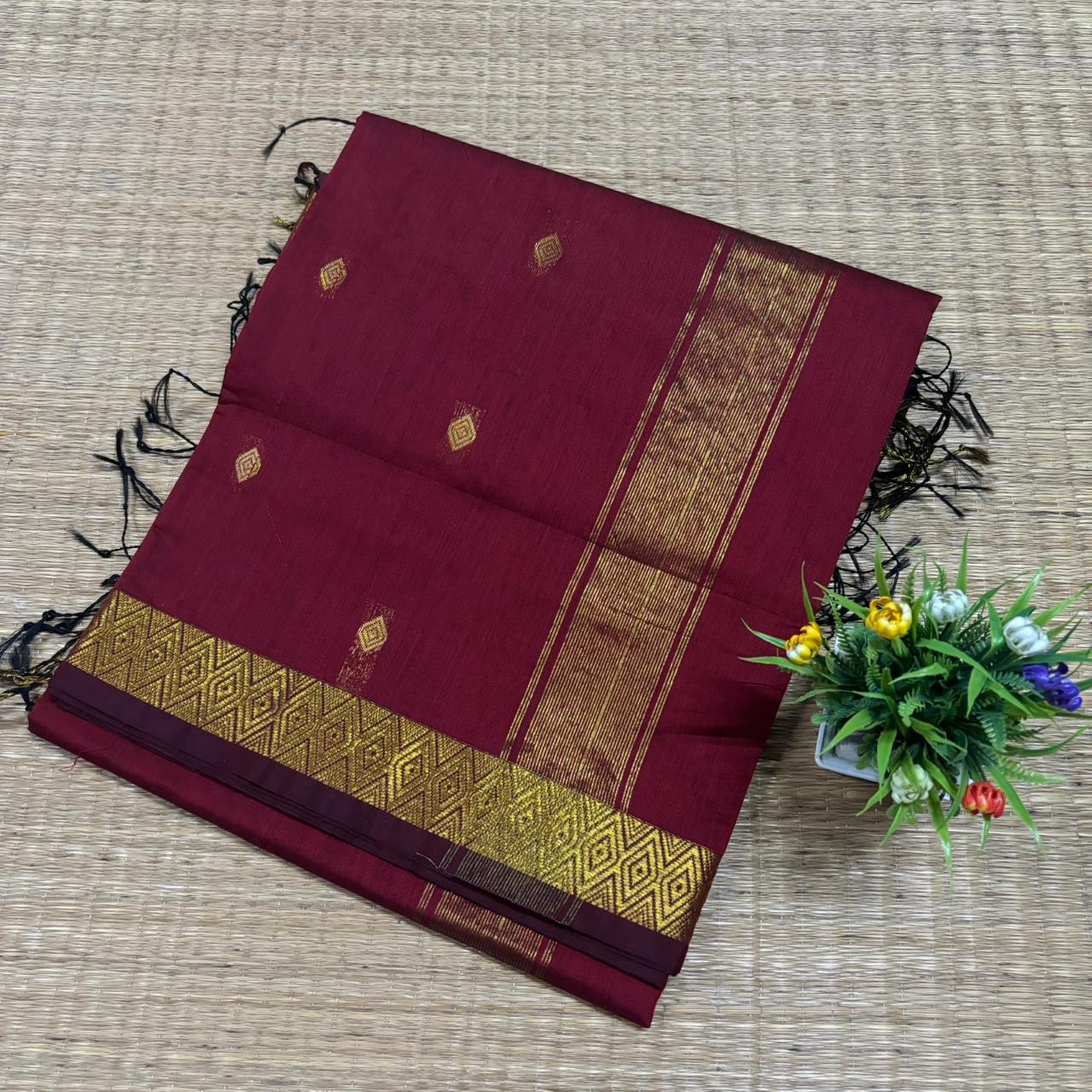 Deep Maroon & Gold Maheshwari Silk Cotton