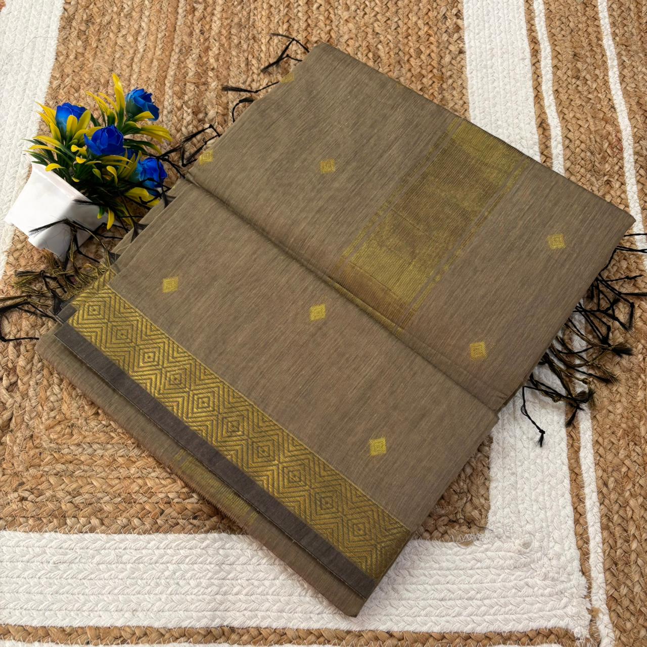 Olive Khaki & Gold Maheshwari Silk Cotton