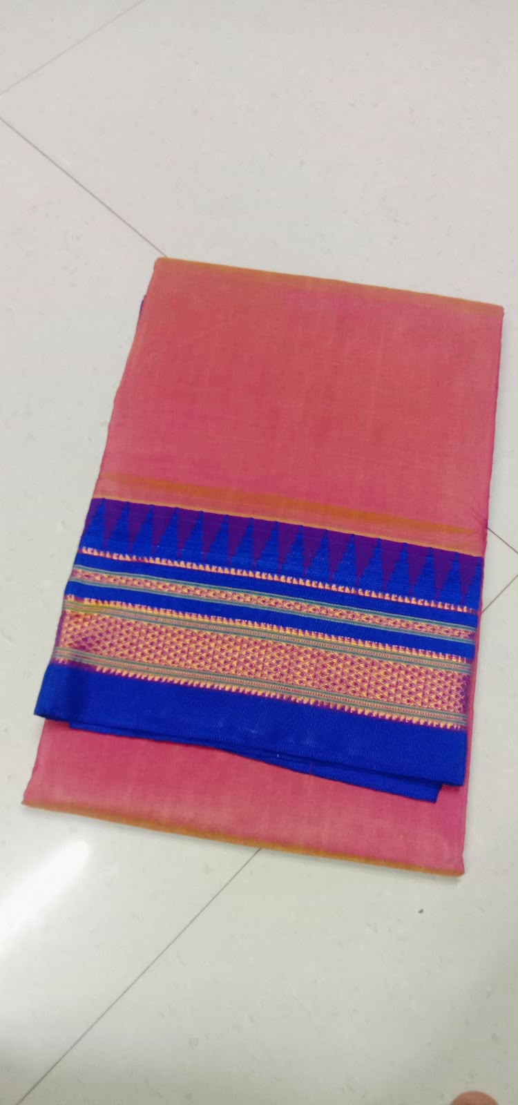 Peach Pink & Royal Blue Semi Silk Temple Gadiwal