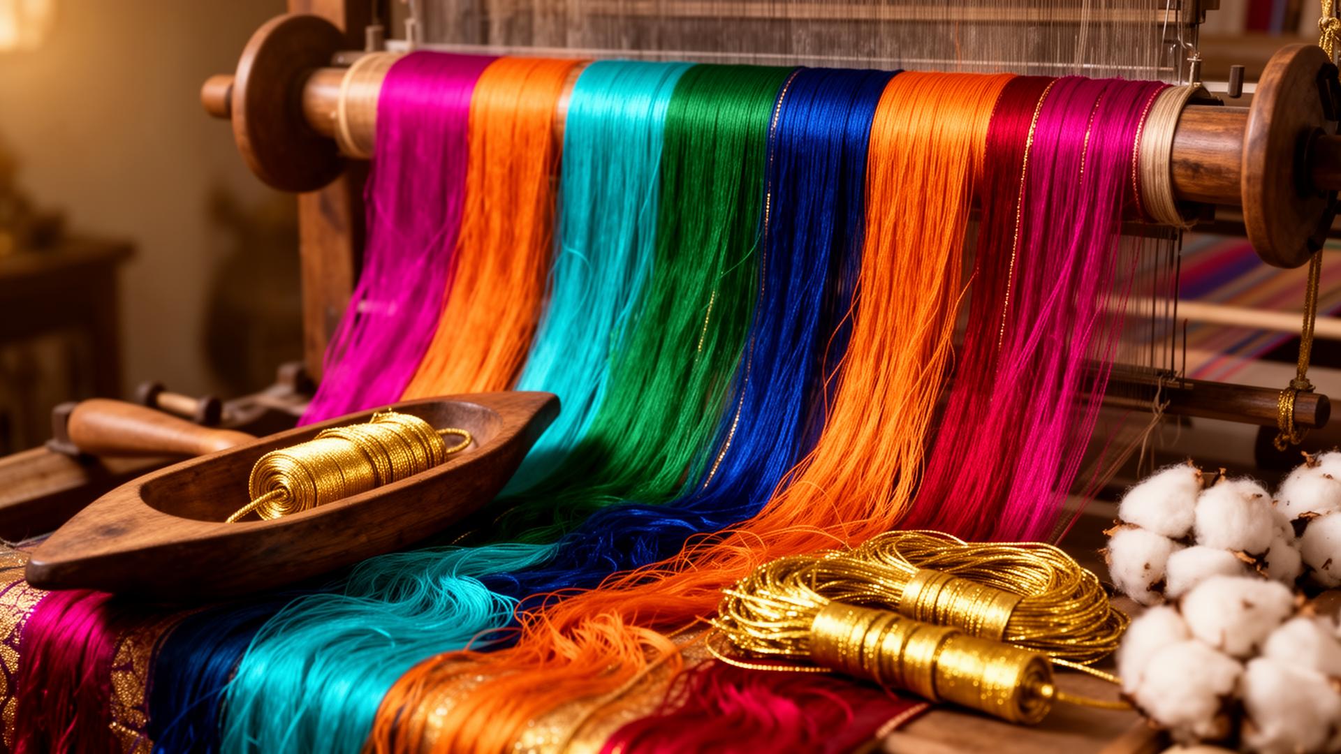 Traditional Indian saree weaving threads and loom tools