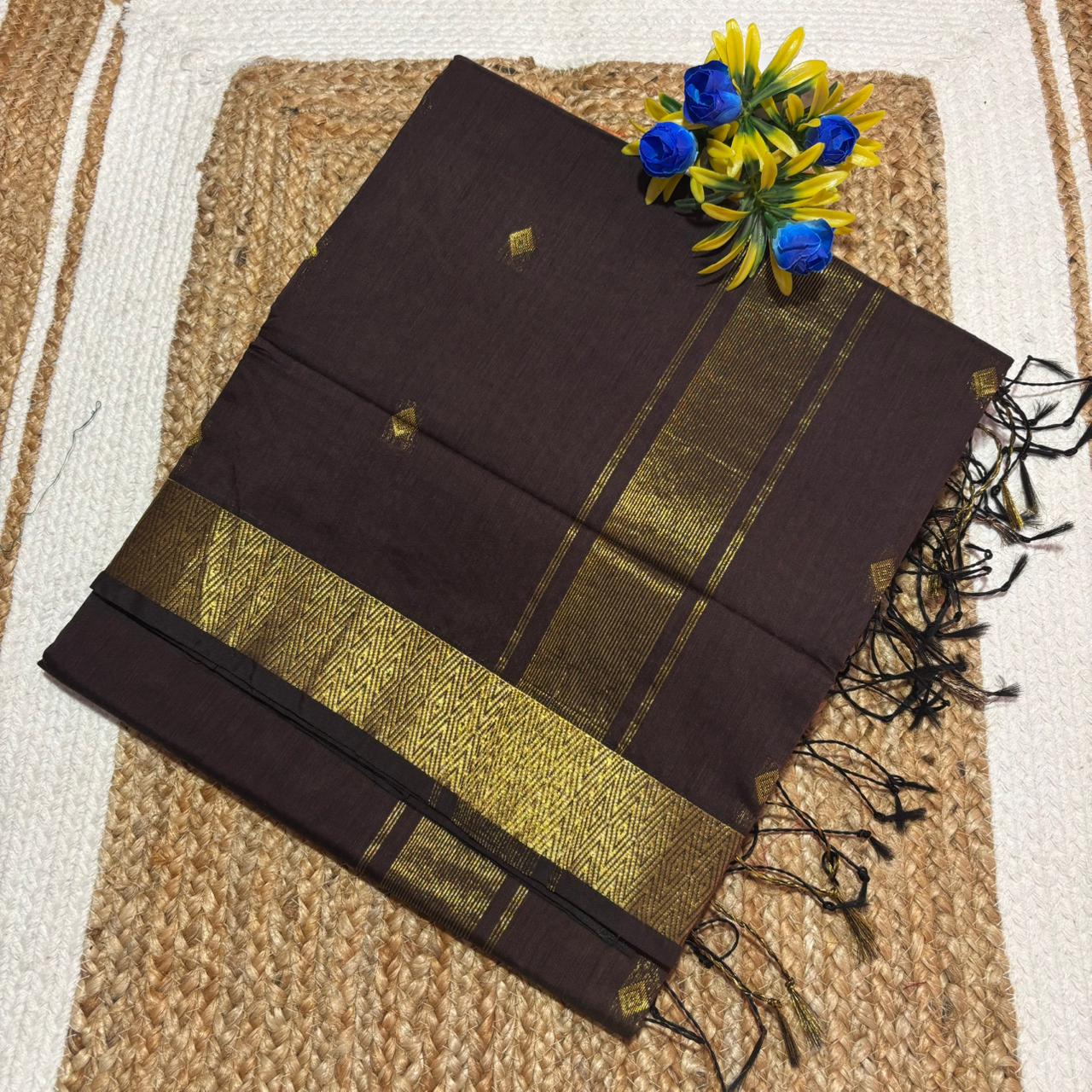Chocolate Brown & Gold Maheshwari Silk Cotton