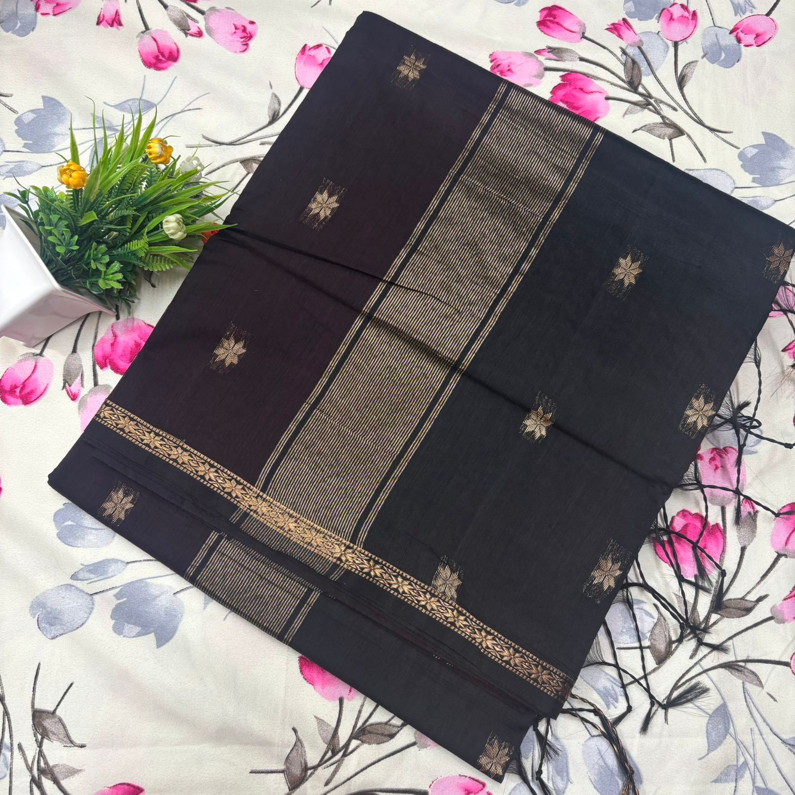 Coffee Black & Gold Maheshwari Silk Cotton