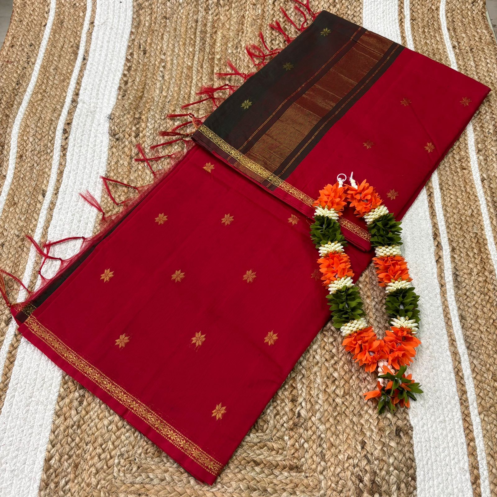 Crimson Red & Coffee Brown Maheshwari Silk Cotton