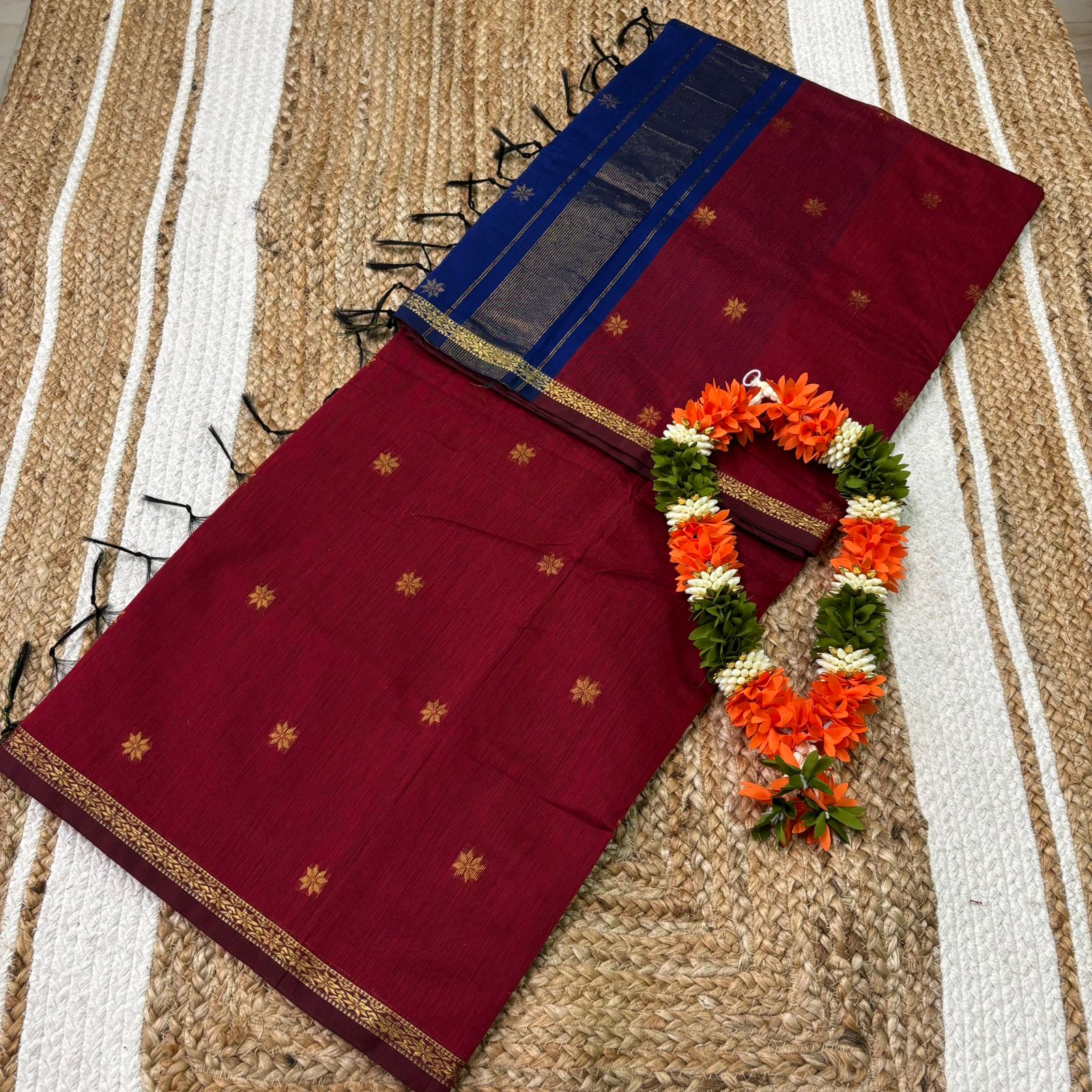 Maroon & Royal Blue Contrast Maheshwari Silk Cotton
