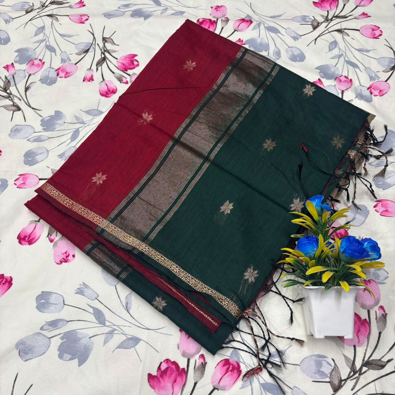 Maroon & Bottle Green Dual-Tone Maheshwari Silk Cotton