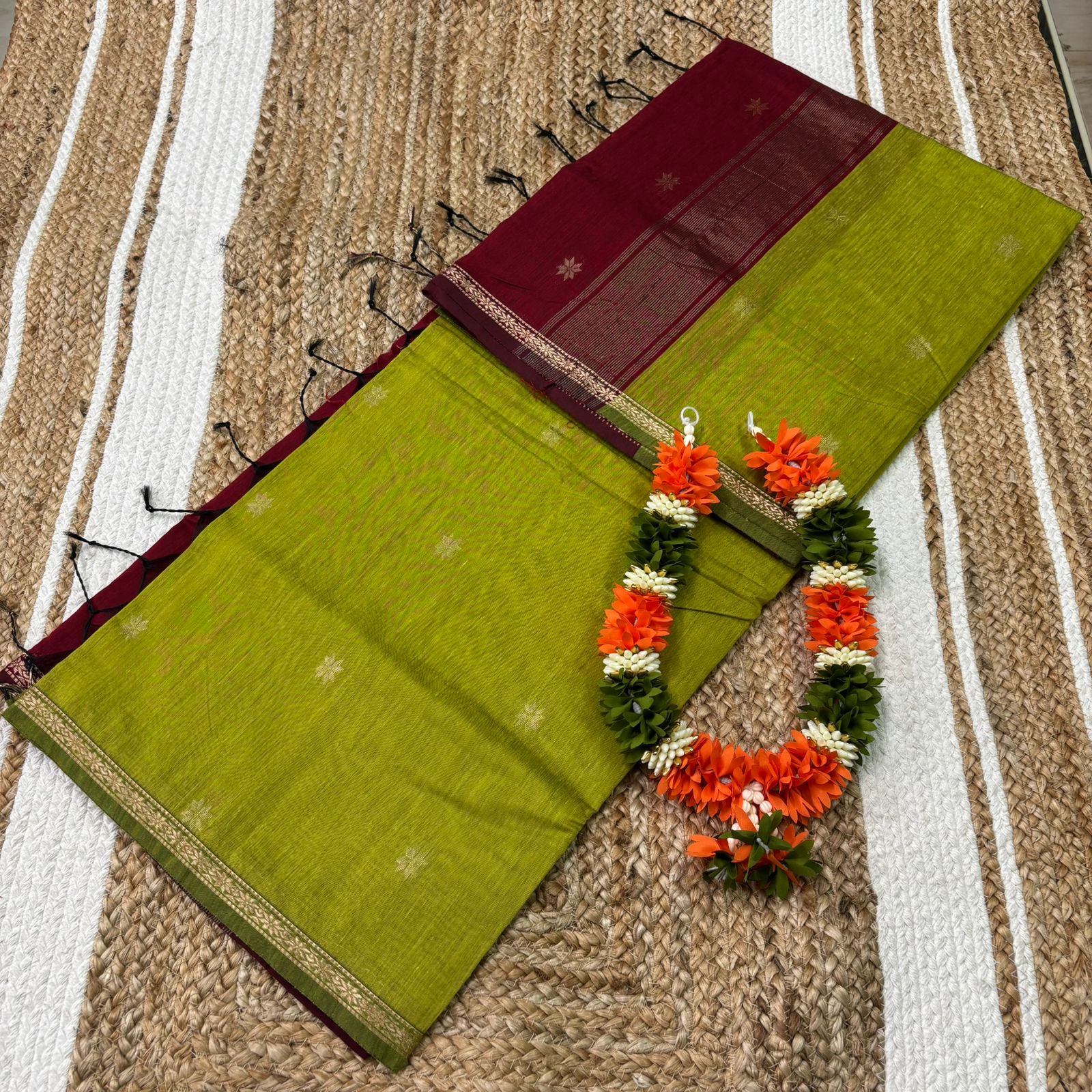 Mehendi Green & Maroon Maheshwari Silk Cotton