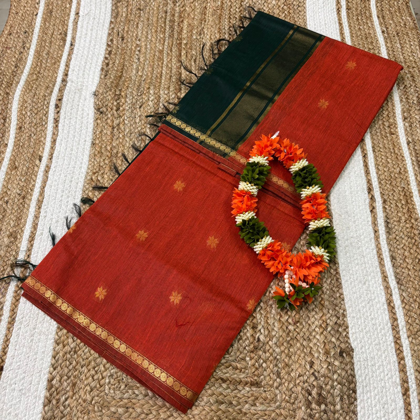 Rust Red & Bottle Green Maheshwari Silk Cotton