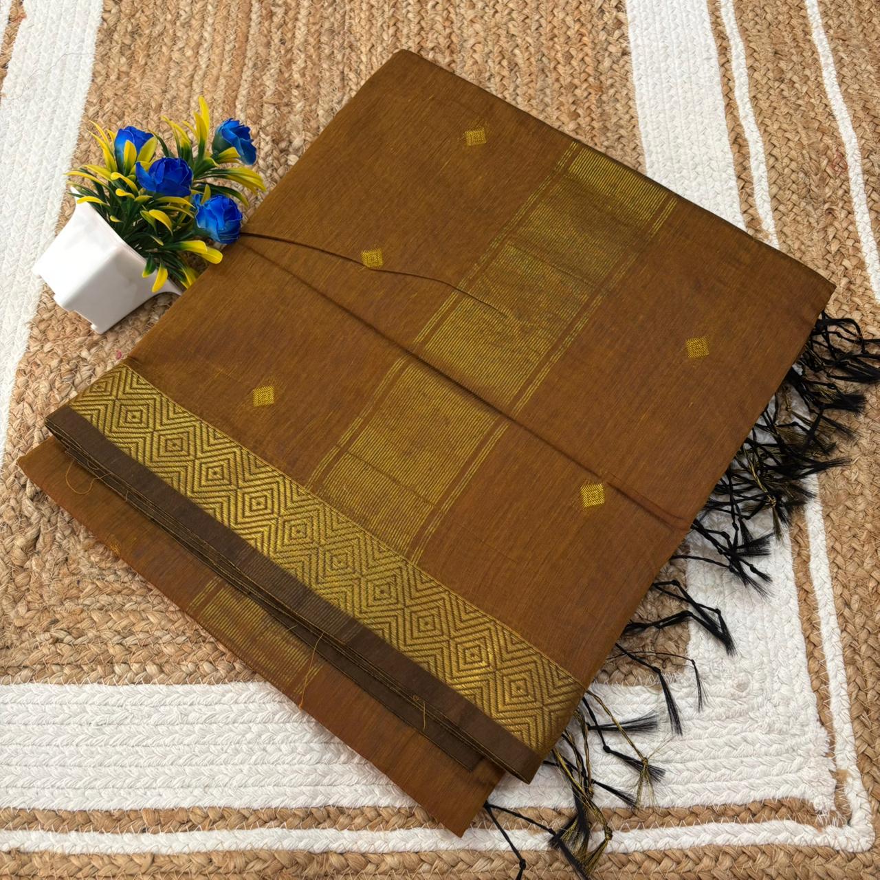Mustard Brown & Gold Maheshwari Silk Cotton