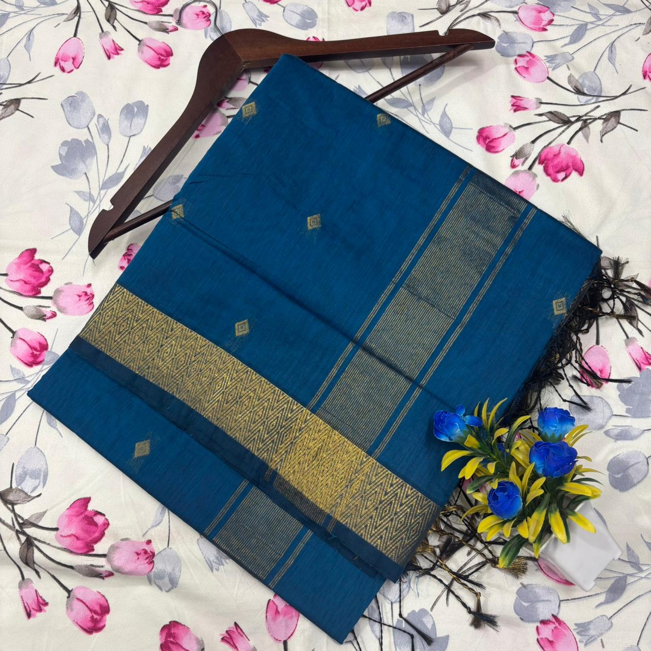 Peacock Blue & Gold Maheshwari Silk Cotton